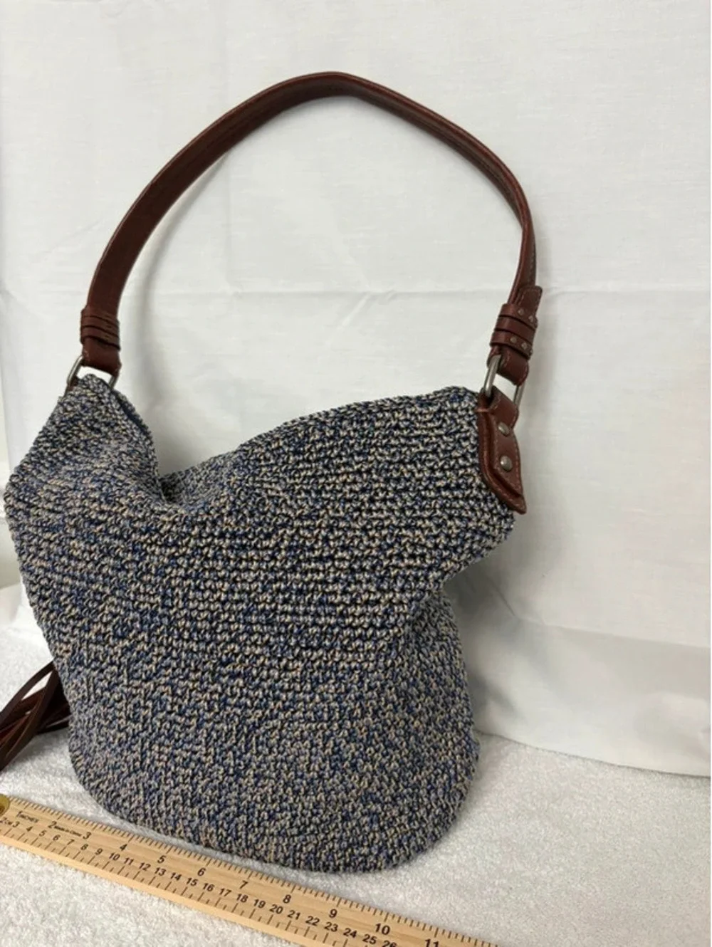 The Sak Blue Tan Crochet Hobo Shoulder Bag Leather Tassel New Without Tags